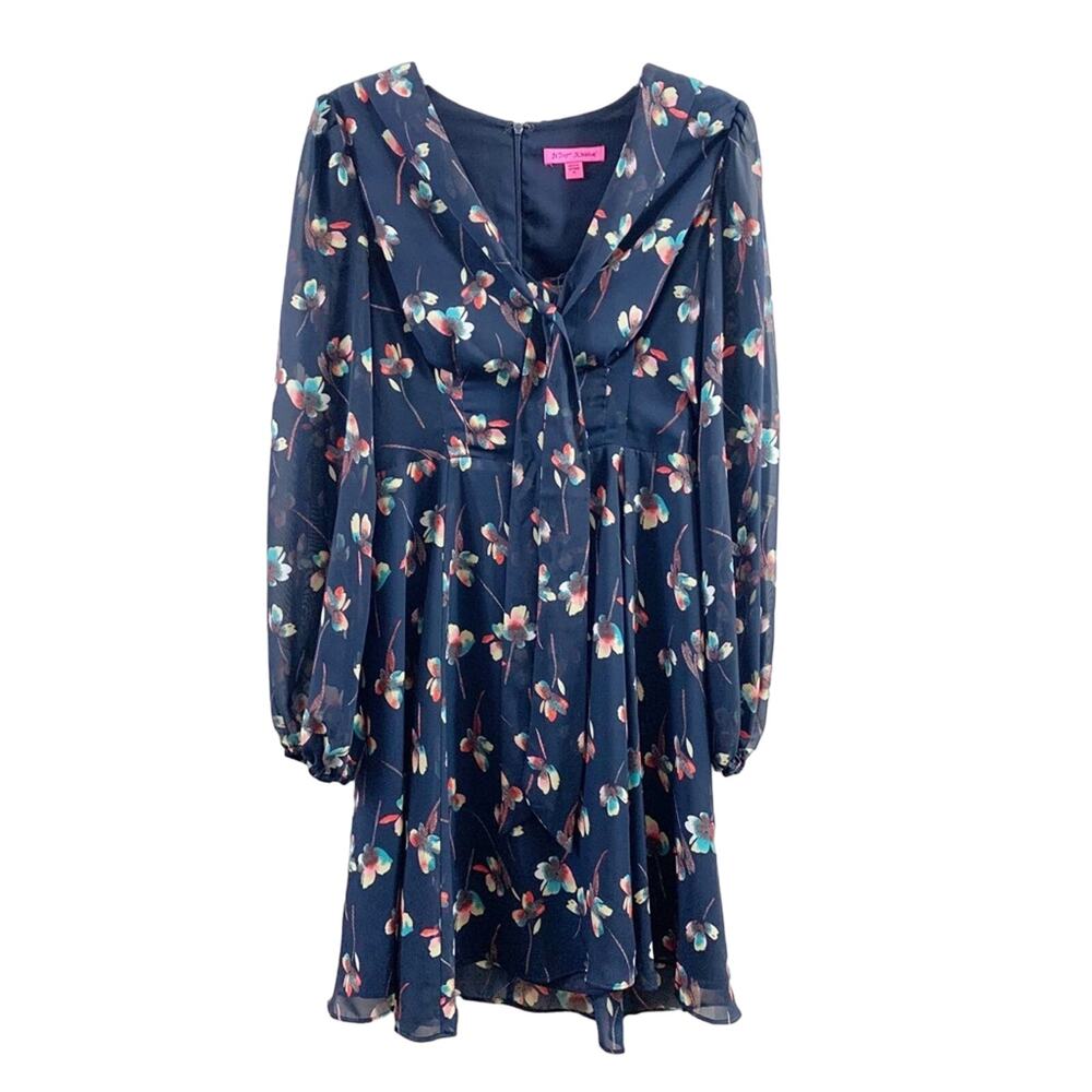 Betsy Johnson Floral Navy Long Sleeve Sailor Tie Neck Dress